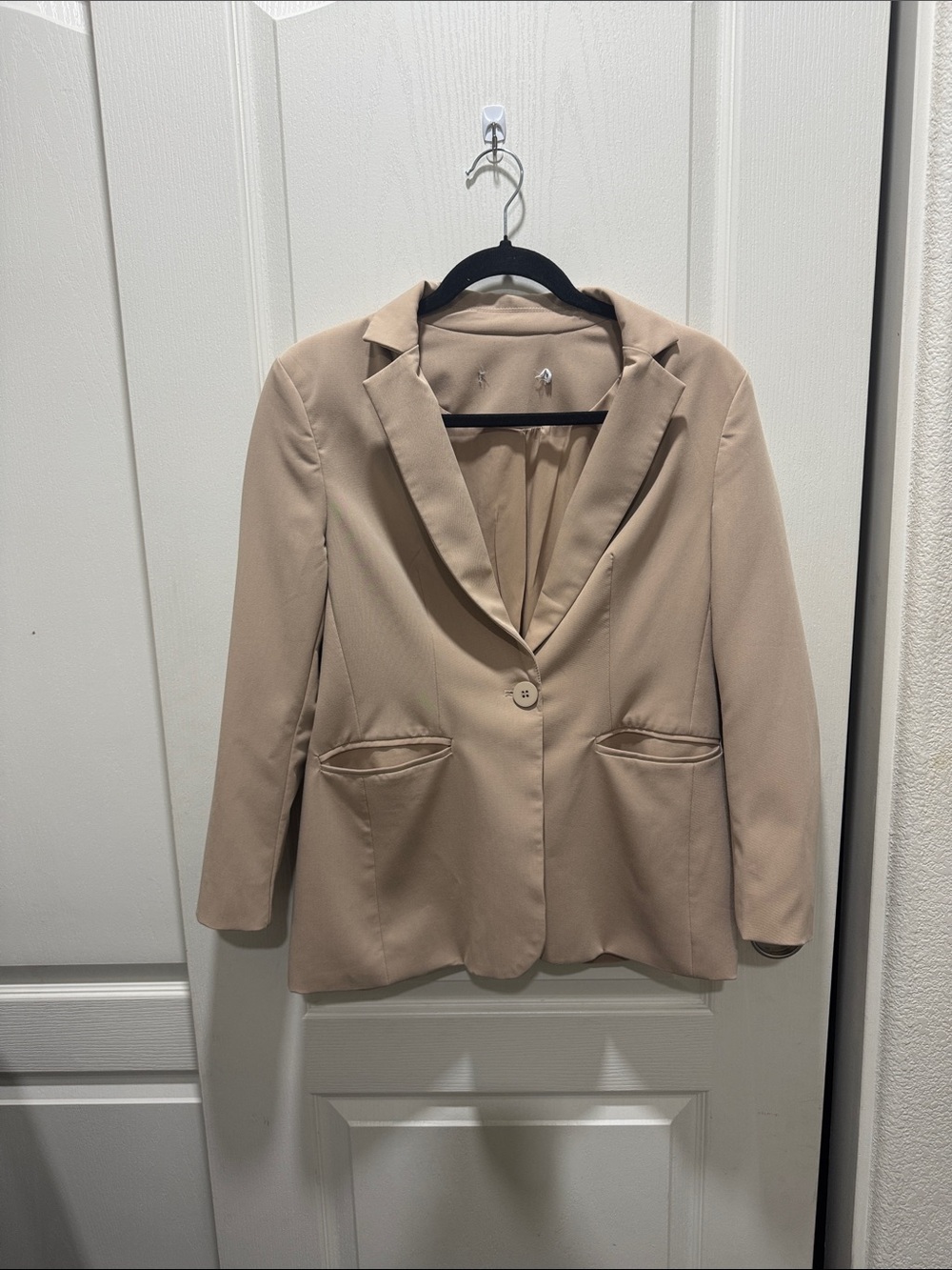 Women's Beige Single Button Career Blazer Small Business Casual Office Jacket
